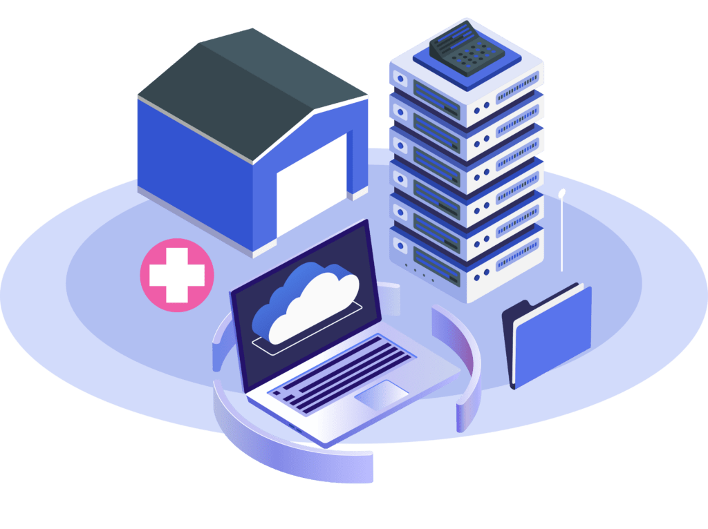 Healthcare data integration illustration showing cloud systems, servers, and secure medical data storage