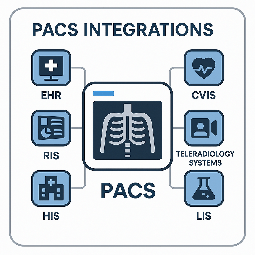 PACS integration with EHR, RIS, HIS, LIS, CVIS, and teleradiology systems
